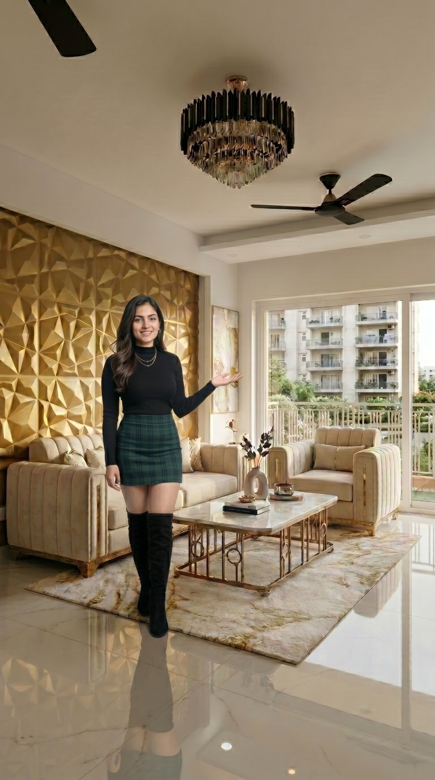 Inaaya Royal Heights — drawing room with gold panel wall and premium sofa set