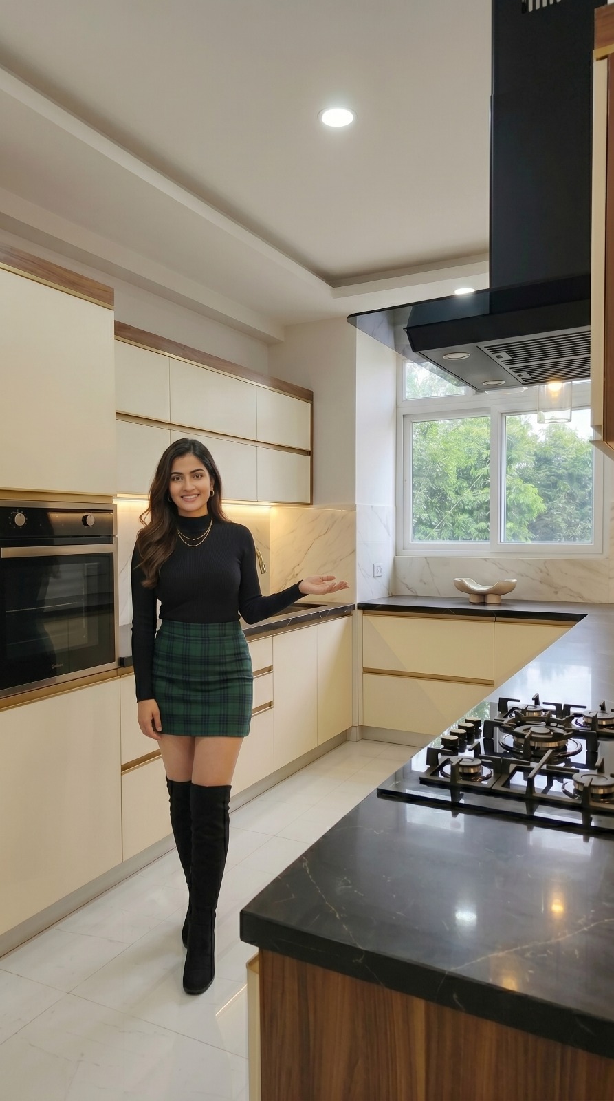 Inaaya Royal Heights — modular kitchen with marble backsplash and gas hob